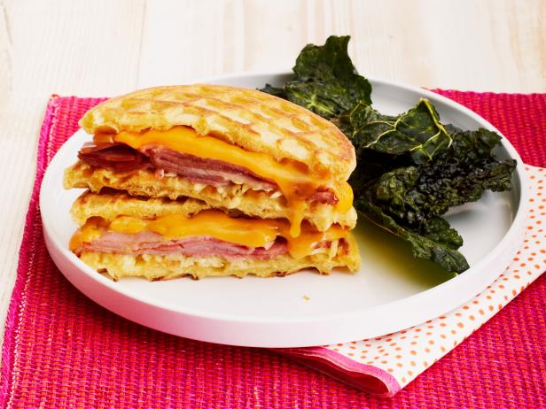 Ham and cheese wafflewiches with Kale Chips